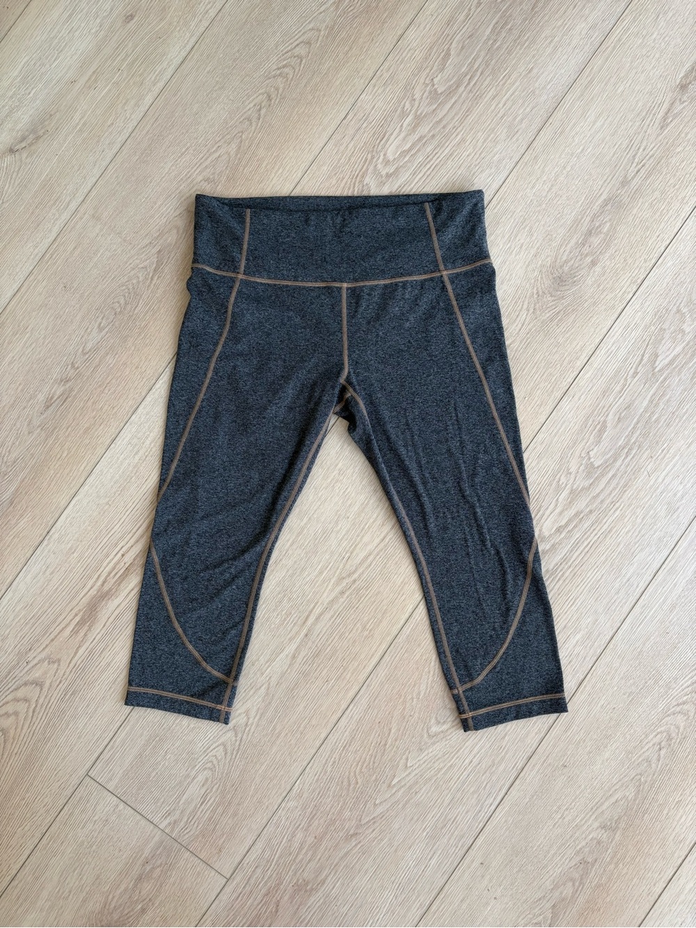 Athleta Charcoal Capri Leggings with Tan Stitching